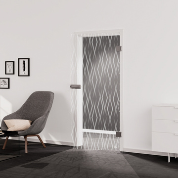 Wohnsituation zeigt die Glastür aus Einscheibensicherheitsglas (ESG) Laserdekor JETTE FOREVER 687 in der Ausführung durchsichtig PURE WHITE Bohrung Studio/Office Drehtür DIN R