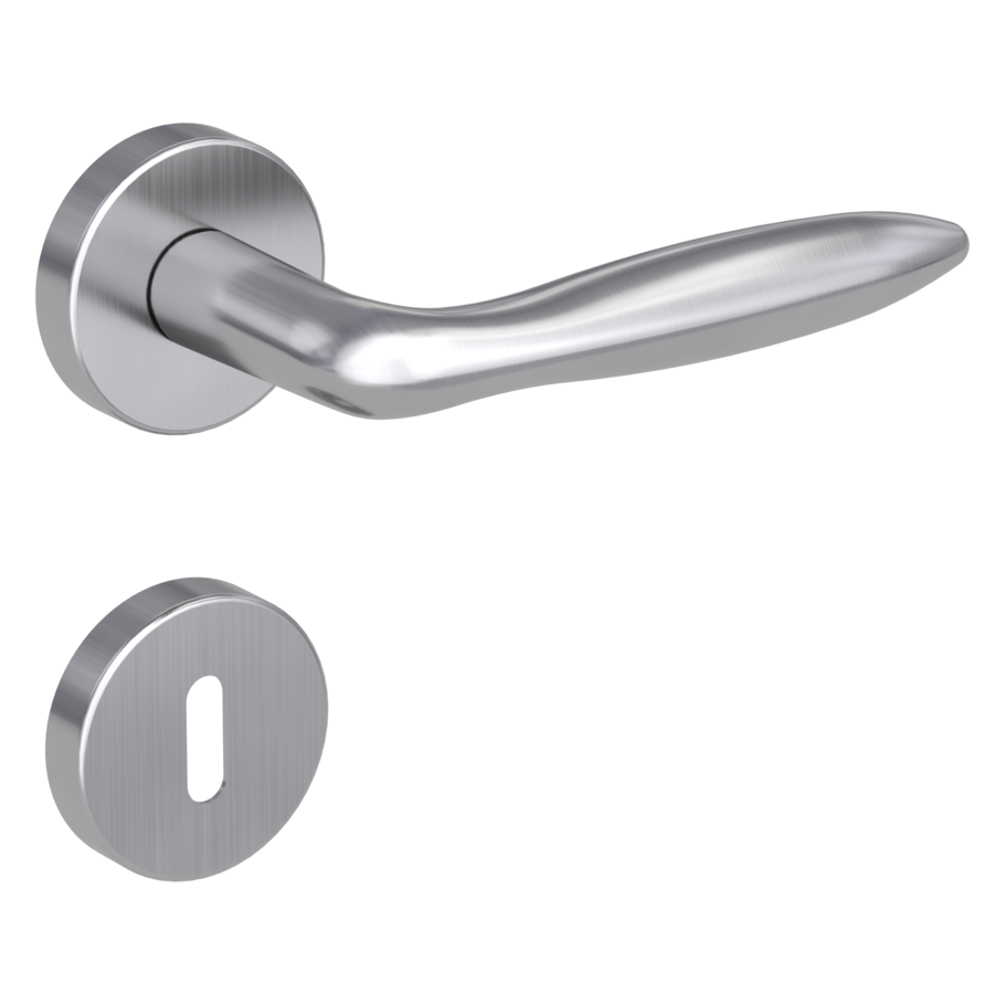 Isolated product image in the right-turned angle shows the GRIFFWERK door handle set VERONICA in the surface brushed steel version  mortice lock