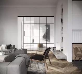 Planeo Loft in Wohnraumsituation Schiebetürbeschlag Planeo Air zitiert die typischen Eisenrahmen des Loft-Stils, spricht aber eine sehr viel minimalistischere, leisere Sprache.
