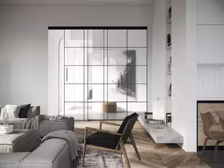 Planeo Loft in Wohnraumsituation Schiebetürbeschlag Planeo Air zitiert die typischen Eisenrahmen des Loft-Stils, spricht aber eine sehr viel minimalistischere, leisere Sprache.