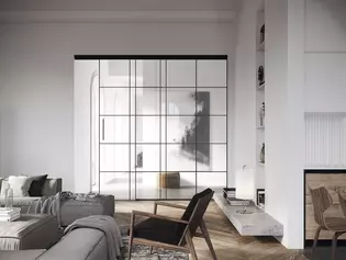 Planeo Loft in Wohnraumsituation Schiebetürbeschlag Planeo Air zitiert die typischen Eisenrahmen des Loft-Stils, spricht aber eine sehr viel minimalistischere, leisere Sprache.