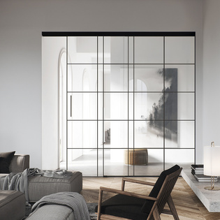 Thus the Planeo Air sliding door fitting echoes the typical iron frame of the loft style, but in a much more minimalistic, quieter voice. 