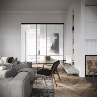 Planeo Loft in Wohnraumsituation Schiebetürbeschlag Planeo Air zitiert die typischen Eisenrahmen des Loft-Stils, spricht aber eine sehr viel minimalistischere, leisere Sprache.