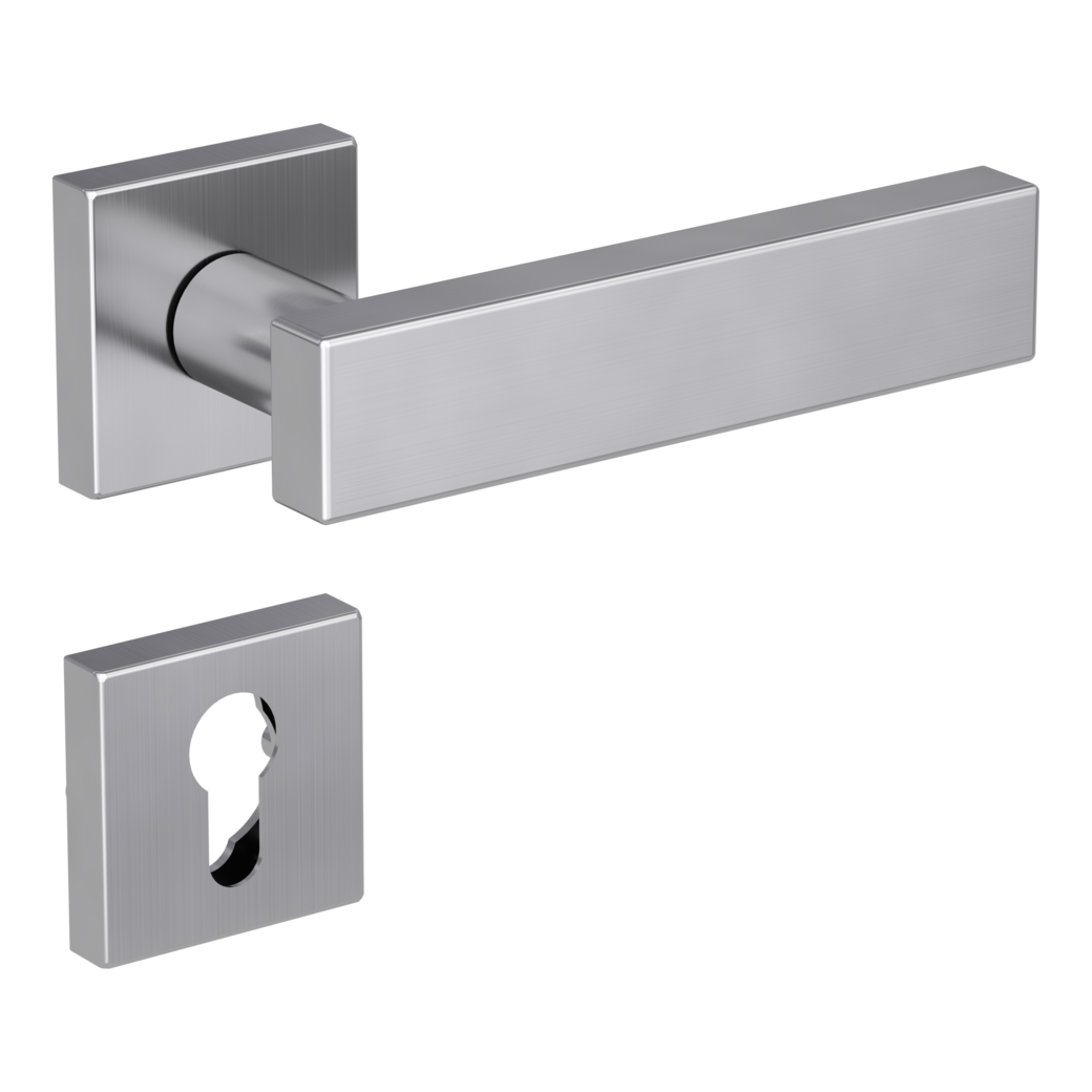 CARLA SQUARE door handle set Clip-on sys.GK3 straight-edged escut. Satin stainless steel profile cylinder