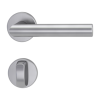 Freigestelltes Produktbild im idealen Blickwinkel fotografiert zeigt die GRIFFWERK Rosettengarnitur LORITA PIATTA S in der Ausführung WC-Schließer - Edelstahl matt - Flachrosette Innenansicht 