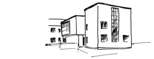 Die Skizze zeigt das Haus im Bauhausstil in dem Muche und Schlemmer wohnten, die am Bauhaus arbeiteten.