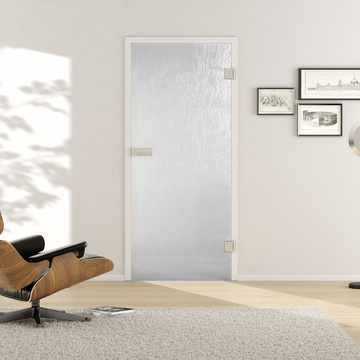 Ambientebild in Wohnraumsituation illustriert die Griffwerks Glastüre BAROCK_529 in der Ausführung  ESG BASIC GREEN strukturiert Studio/Office