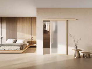 Schiebetürsystem Planeo X Holz Die Abbildung zeigt ein Wohnbild mit der montierten Schiebtür Planeo X in Holz.