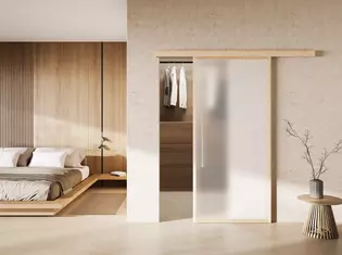 Sliding door system Planeo X Wood The picture shows a home picture with the mounted sliding door Planeo X in Wood.