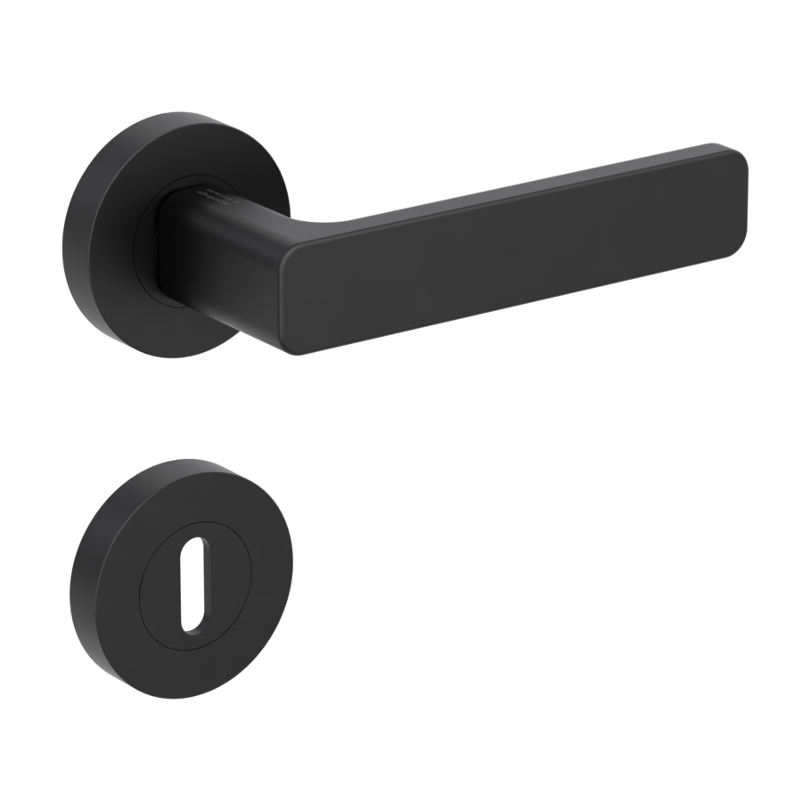 Isolated product image in the right-turned angle shows the GRIFFWERK rose set MINIMAL MODERN in the version mortice lock - graphite black - screw on technique