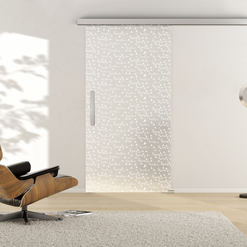 Ambientebild in Wohnraumsituation illustriert die Griffwerk Glasschiebetür NATUR 694 in der Ausführung ESG PURE WHITE matt