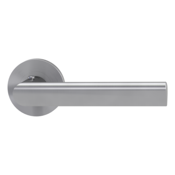 Die Abbildung zeigt die Griffwerk Türgriffgarnitur TRI 134 in der Ausführung mit Rosetten rund smart2lock 2.0 Schraubtechnik Edelstahl matt
