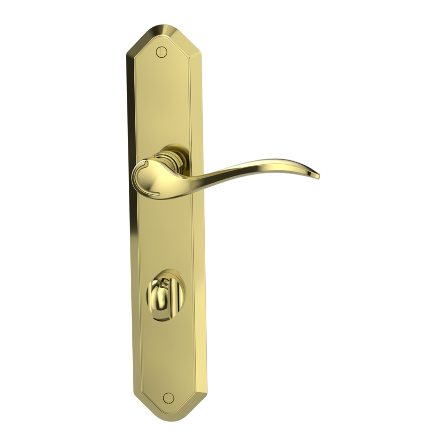 Isolated product image in perfect product view shows the GRIFFWERK long plate set AMADEUS in the version turn and release - brass look - deco screw