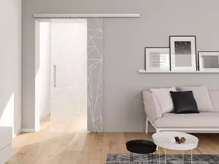 Abbildung Wohnraumsituation Schiebetürsystem mit Glastür Grids 693 von Griffwerk Die Abbildung zeigt einen Wohnraum mit Schiebetürsystem und Glastür Grids 693 von Griffwerk