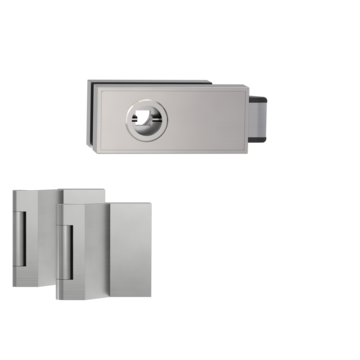 Freigestelltes Produktbild im idealen Blickwinkel fotografiert zeigt das Griffwerk Glastürbeschlagset CUBE in der Version unverschließbar, Samtgrau, 3-teiliger Bandsatz