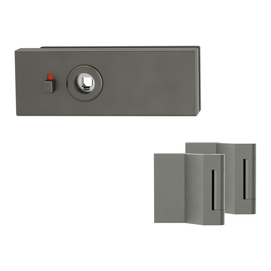 Silhouette product image in perfect product view shows the GRIFFWERK glass door lock set PURISTO S in the version smart2lock, cashmere grey, 3-part hinge set