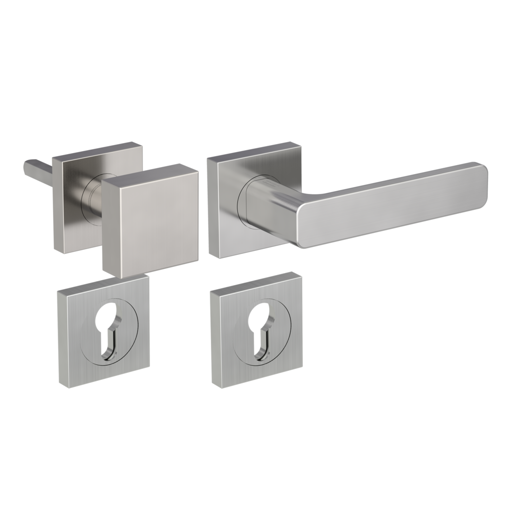 Jgo.Manill.puerta entrada MINIMAL MODERN Montaje atornillado GK4 Rosetas cuadrad. Pomo SQUARE 34-45mm Gris terciopelo Der.