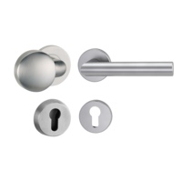 Silhouette product image in perfect product view shows the GRIFFWERK security rose set with knob R1 in the version euro profile, brushed steel with the door handle LUCIA PROF
