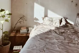 L'image montre une chambre à coucher de style Wabi Sabi.