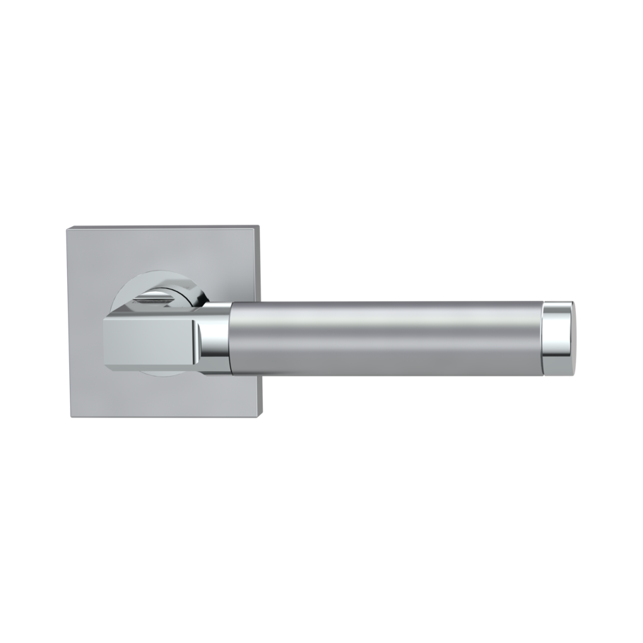 The image shows the Griffwerk door handle set LARONDA QUATTRO in the version with rose set square unlockable screw on chrome/silver matt
