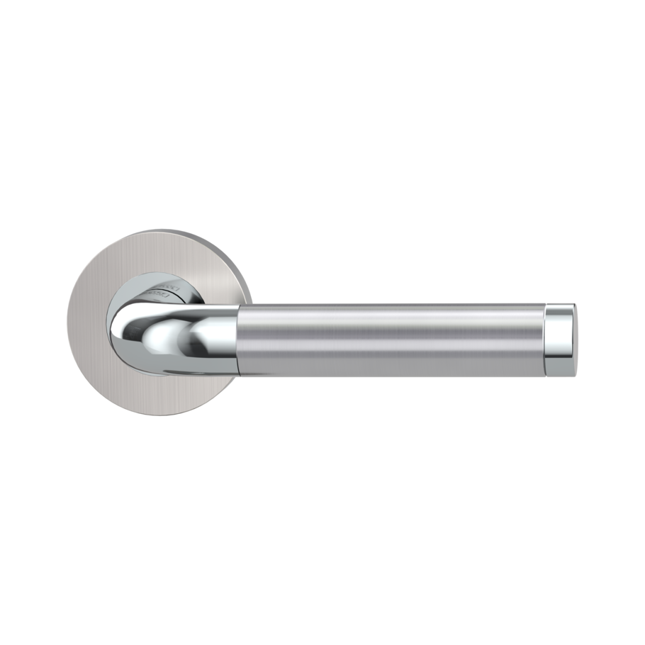 The image shows the Griffwerk door handle set SIMONA in the version with rose set round unlockable screw on chrome/steel look