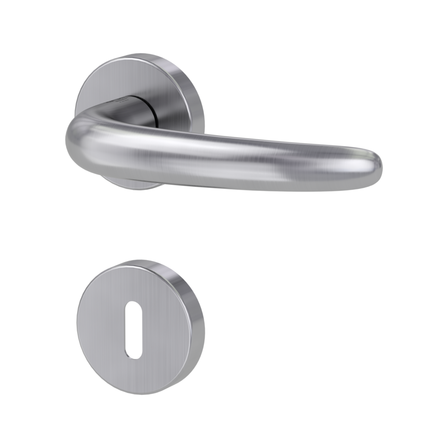 Isolated product image in the left-turned angle shows the GRIFFWERK rose set ULMER GRIFF in the version mortice lock - brushed steel - clip on technique