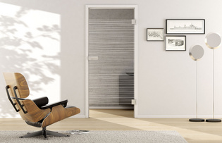 Living situation with shows the GRIFFWERK glass door Lines_LD_605 laser one side in the version revolving door - DIN right - studio / office - tempered safety glass PURE WHITE 
