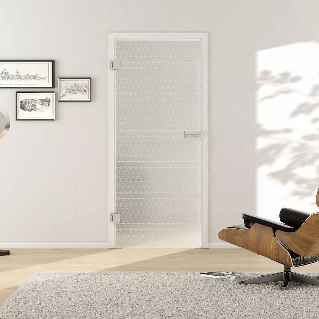 Glasdrehtür GRIDS 691 ESG PURE WHITE matt 709x2097x8mm Studio/Office DIN L
