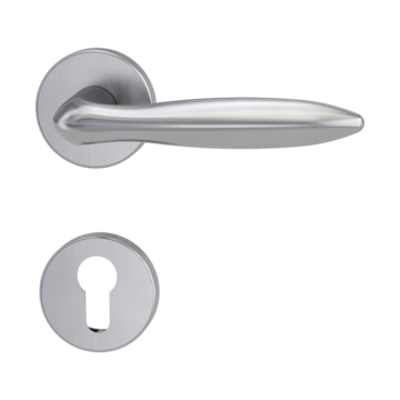 The image shows the Griffwerk door handle set VERONICA in the version with rose set round euro profile clip on brushed steel