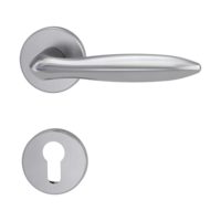 The image shows the Griffwerk door handle set VERONICA in the version with rose set round euro profile clip on brushed steel