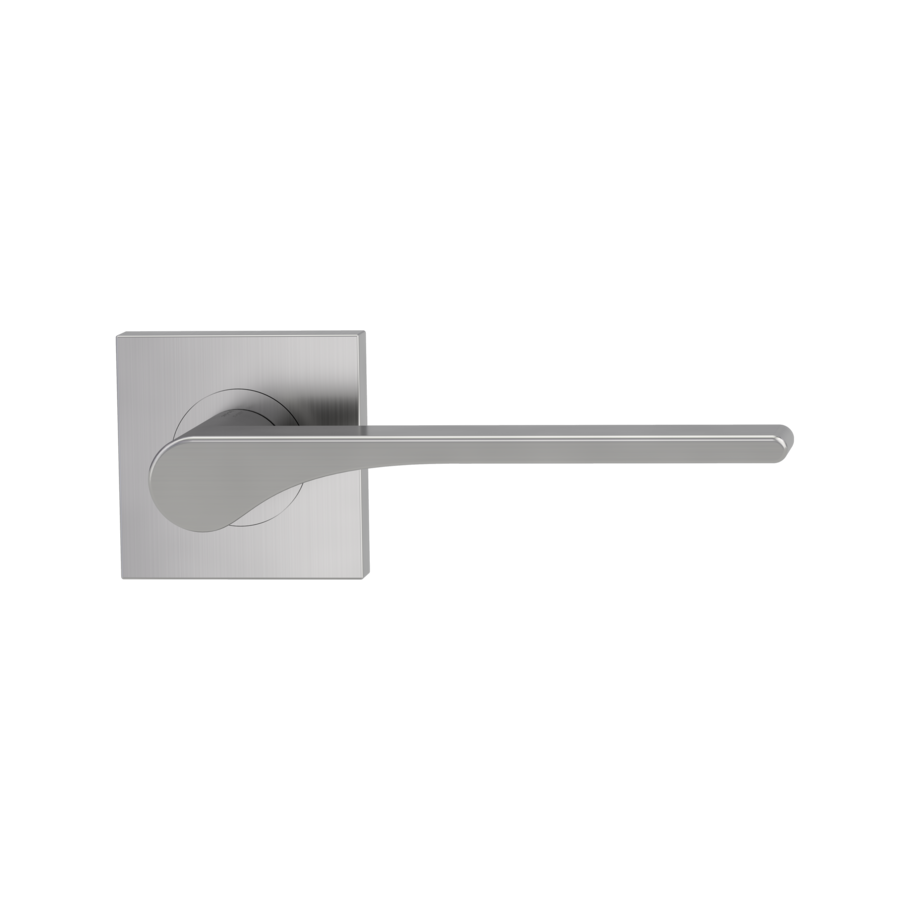 The image shows the Griffwerk door handle set LEAF LIGHT in the version with rose set square unlockable screw on velvety grey