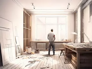 Un homme debout dans son projet de rénovation, regardant par la fenêtre, entouré d'outils et de matériaux nécessaires à la rénovation.