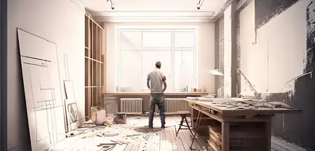Ein Mann, der in seinem Renovierungsprojekt steht und aus dem Fenster schaut, umgeben von Werkzeugen und Materialien, die für die Renovierung benötigt werden.