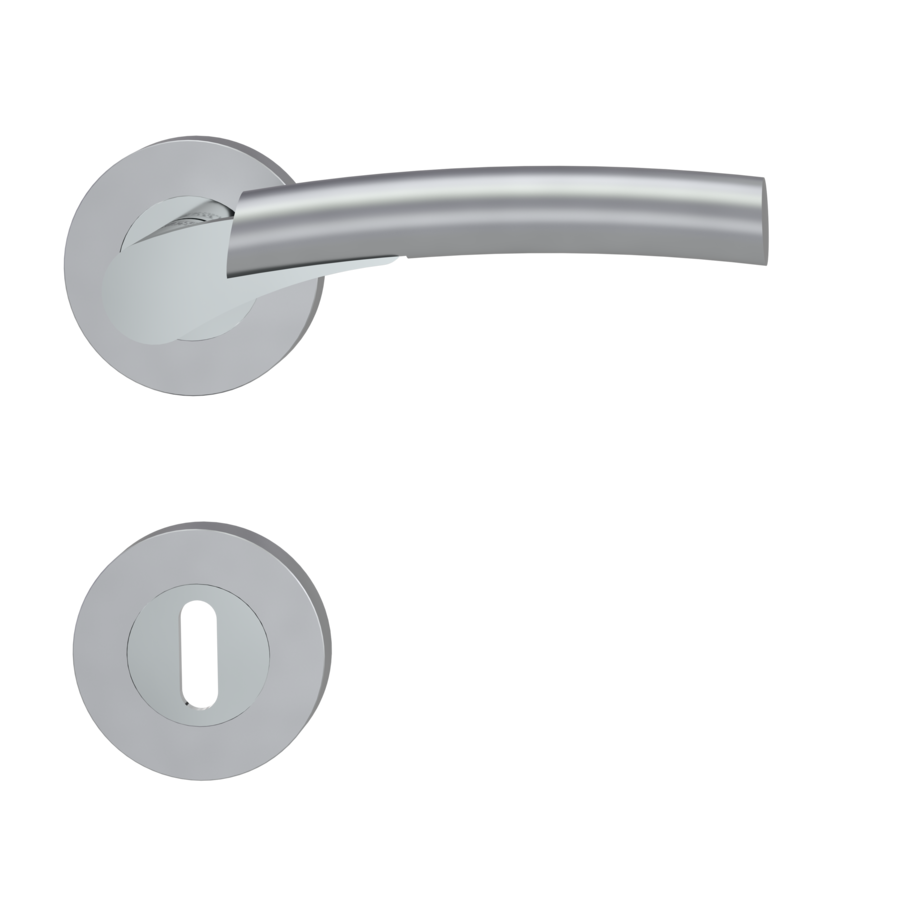 Freigestelltes Produktbild im idealen Blickwinkel fotografiert zeigt die GRIFFWERK Rosettengarnitur RAFFAELLA in der Ausführung Buntbart - Chrom-Perla Silbermatt - Schraubtechnik