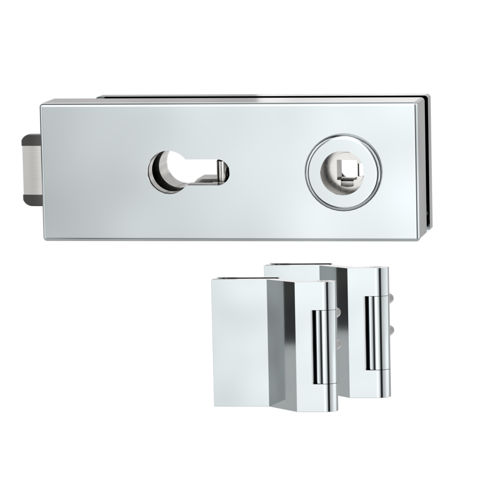 glass door lock set PURISTO S euro profile silent 3-part hinges chrome optic