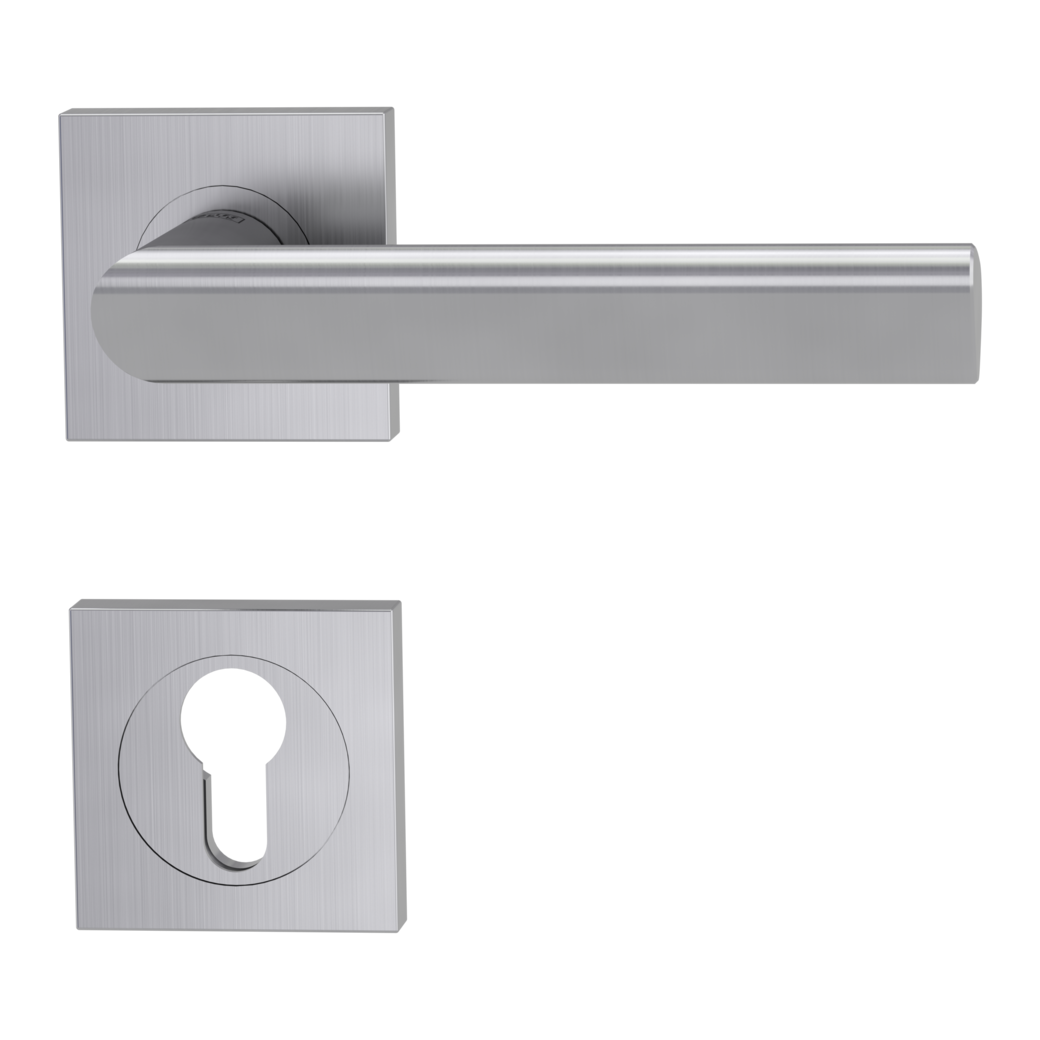 TRI 134 door handle set Screw-on sys.GK3 straight-edged escut. Satin stainless steel profile cylinder