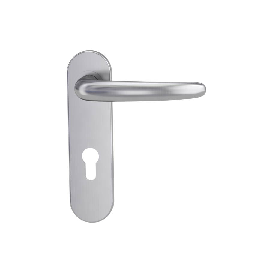 Isolated product image in perfect product view shows the GRIFFWERK door handle set ULMER GRIFF PROFESSIONAL in the surface brushed steel version  euro profile