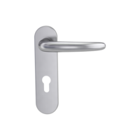 Isolated product image in perfect product view shows the GRIFFWERK door handle set ULMER GRIFF PROFESSIONAL in the surface brushed steel version  euro profile