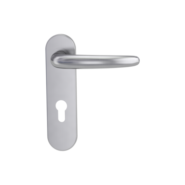 Isolated product image in perfect product view shows the GRIFFWERK door handle set ULMER GRIFF PROFESSIONAL in the surface brushed steel version  euro profile