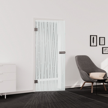 Living situation which shows the glass door with tempered safety glass (ESG) silk screen print JETTE RUTIL 561 in the vision frosted BASIC GREEN drilling Studio/Office revolving door DIN L