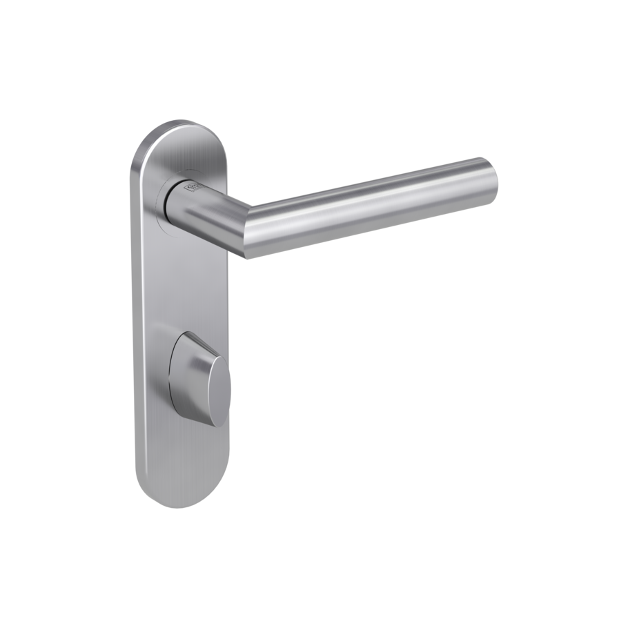 Isolated product image in the right-turned angle shows the GRIFFWERK door handle set LUCIA PROFESSIONAL in the surface brushed steel version  wc red/white