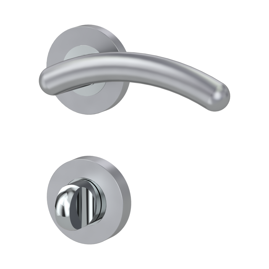 Isolated product image in the left-turned angle shows the GRIFFWERK rose set GABRIELLA in the version turn and release - chrome/silver matt - screw on technique inside view 