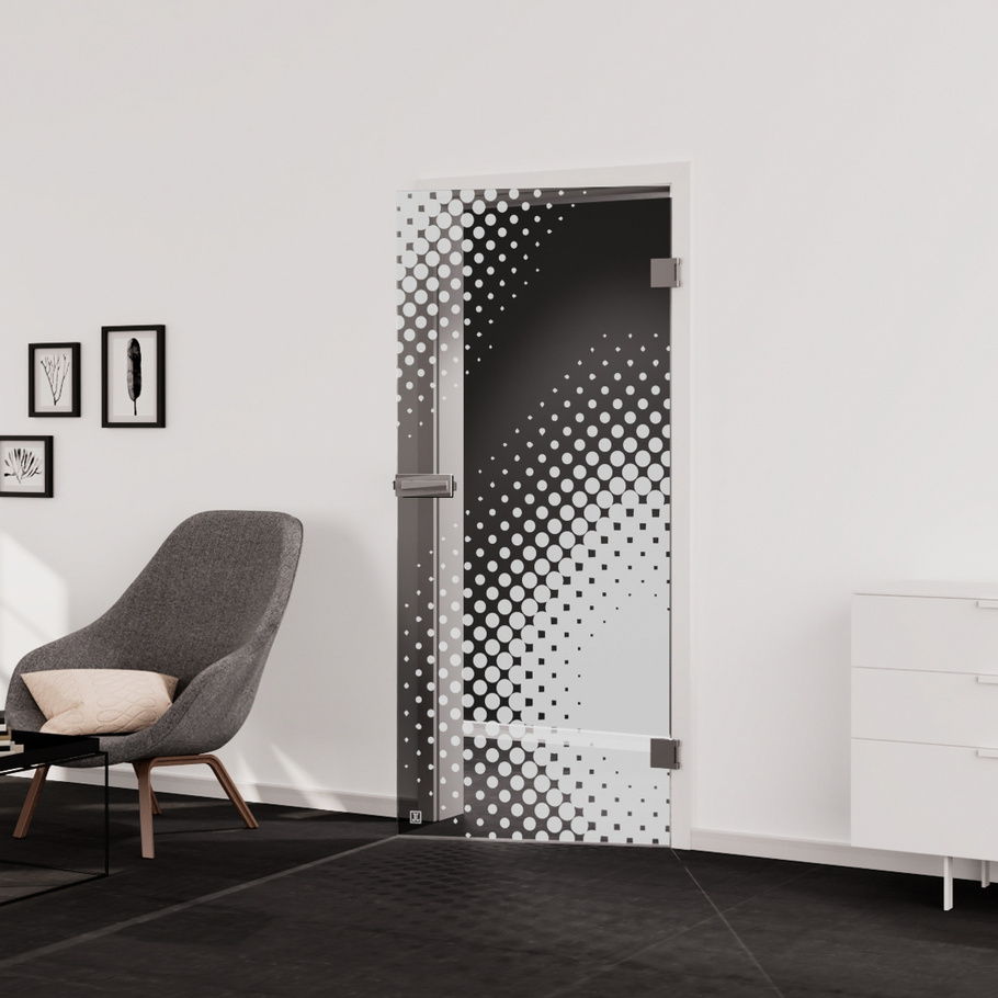 Living situation which shows the glass door with tempered safety glass (ESG) laserdecor JETTE DOTS 573 in the vision clear MOON GREY drilling Studio/Office revolving door DIN R