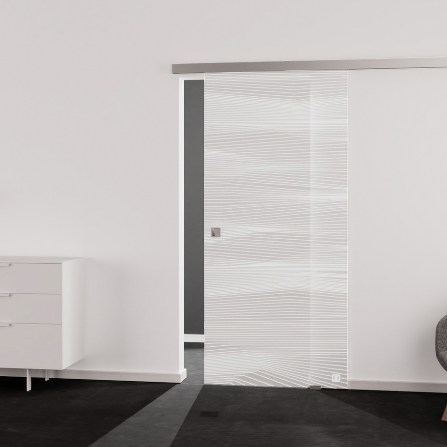 Wohnsituation zeigt die Glastür aus Einscheibensicherheitsglas (ESG) Siebdruck JETTE VISION 560 in der Ausführung mattiert PURE WHITE Bohrung Studio/Office Schiebetür