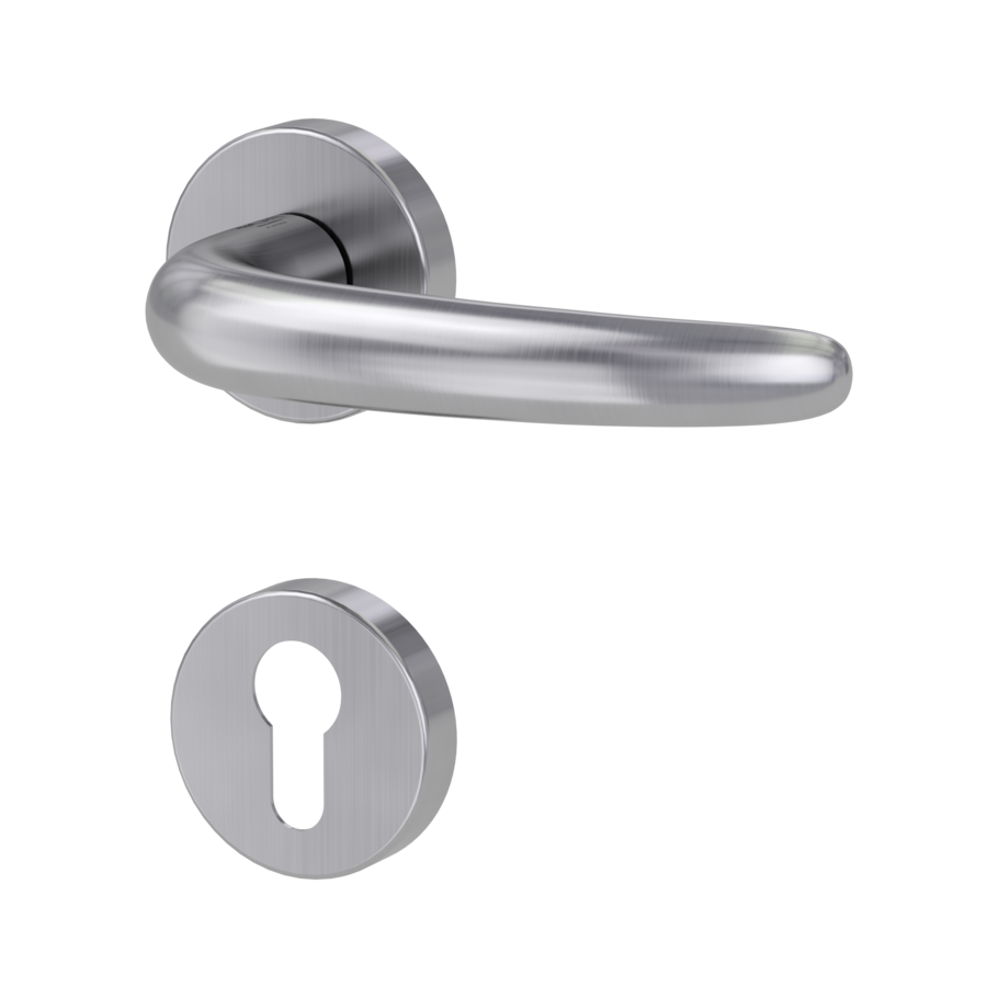 Isolated product image in the left-turned angle shows the GRIFFWERK rose set ULMER GRIFF in the version euro profile - brushed steel - clip on technique