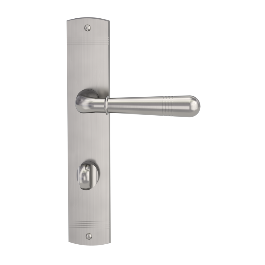 The image shows the Griffwerk door handle set FABIO in the version with long plate freeform wc deco screw velvety grey