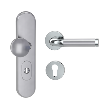 Silhouette product image in perfect product view shows the Griffwerk security combi set TITANO_882 in the version cylinder cover, round, brushed steel, clip on with the door handle SIMONA