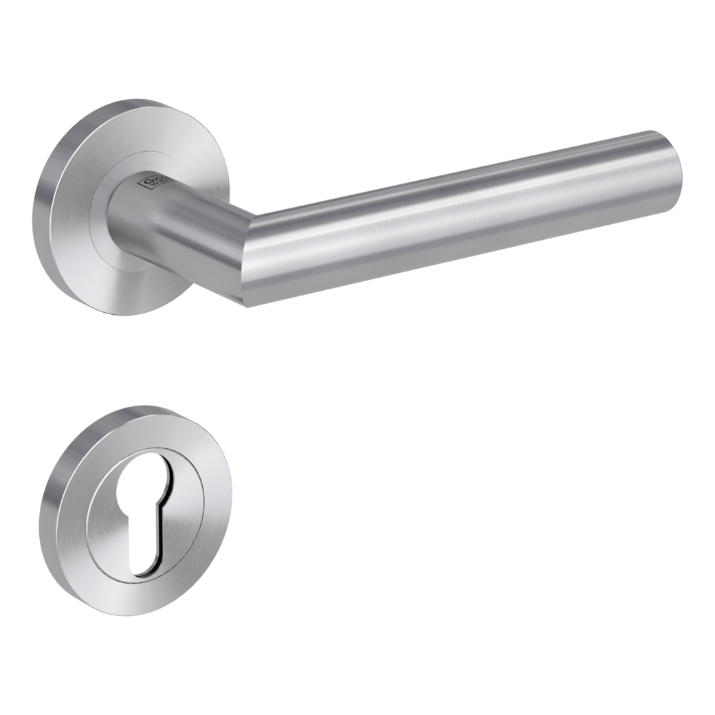 LUCIA PROF door handle set Screw-on system GK4 round escutcheons Satin stainless steel profile cylinder