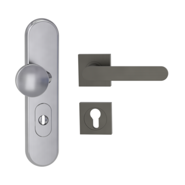 Silhouette product image in perfect product view shows the Griffwerk security combi set TITANO_882 in the version cylinder cover, square, brushed steel, clip on with the door handle AVUS KGR