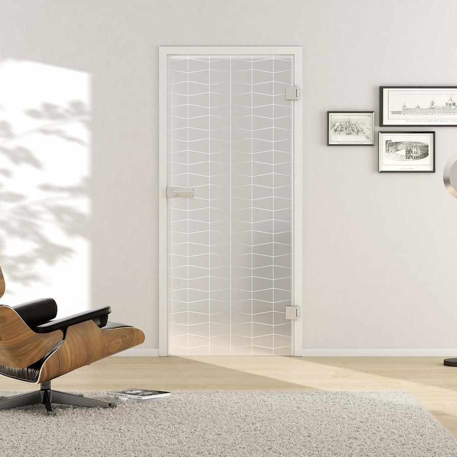 Wohnsituation mit zeigt die GRIFFWERK Glastür GRIDS_LD_690 in der Ausführung DIN rechts - Drehtür Bohrung Studio/Office - Einscheibensicherheitsglas PURE WHITE Laser / Siebdruck
